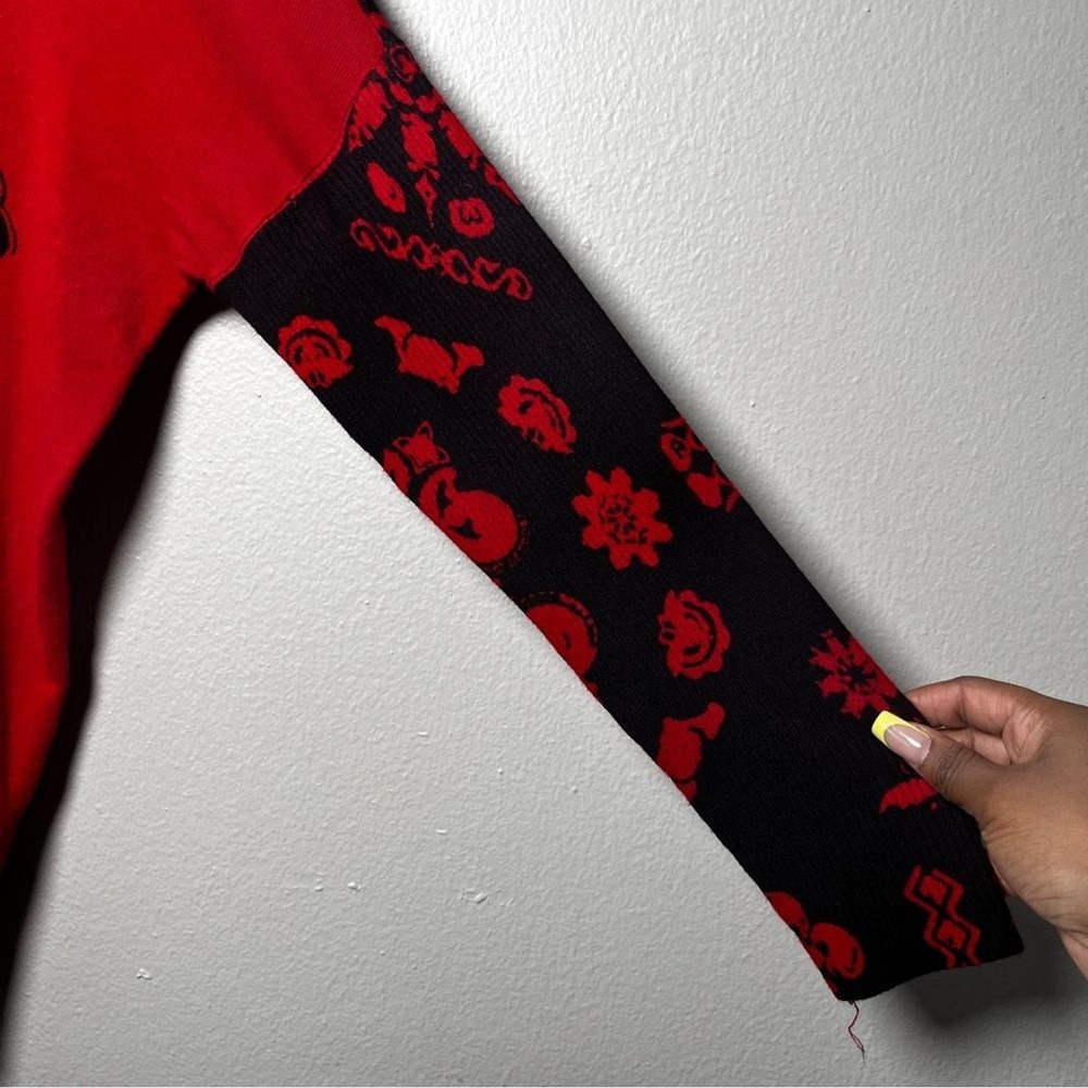 Desigual Women Sweater Medium Red Black Marylebone Fringed Cowl Neck Art Paisley - Picture 6 of 13